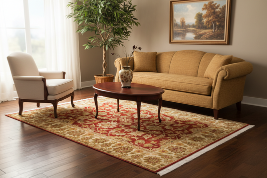 567 - Traditional Indian Red Green Wool Rug