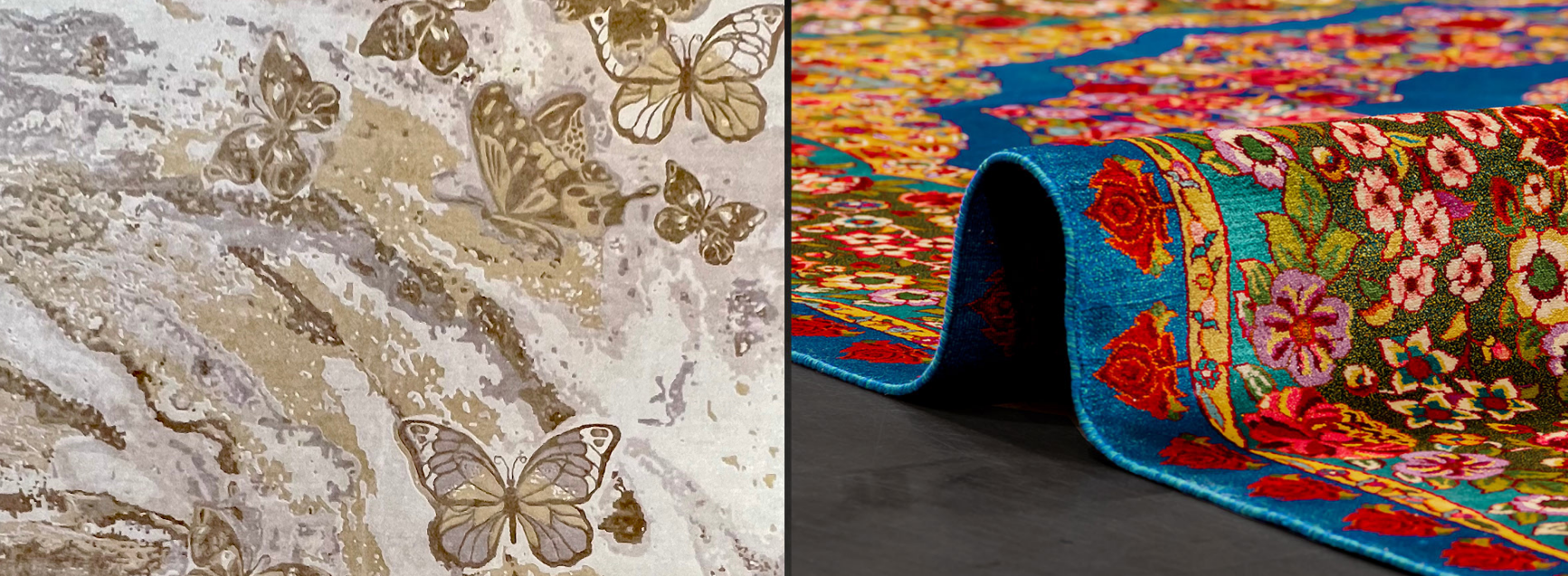 butterfly rug next to a kashmir silk rug