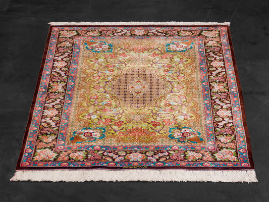 Green Authentic Handmade Persian Silk Qom Rug
