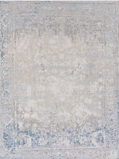 Contemporary Indian  Hand-Knotted  Ivory Blue Silk Area Rug-id1
