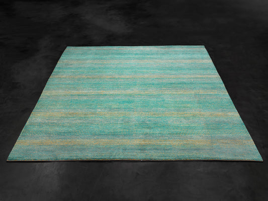 Modern Handmade Pure Pure Silk Rug Aqua Green/Yellow