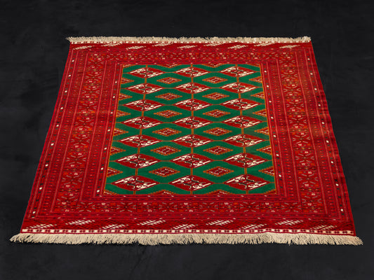 745 - Handmade Traditional Fine Red And Green Bokhara Persian Wool Rug