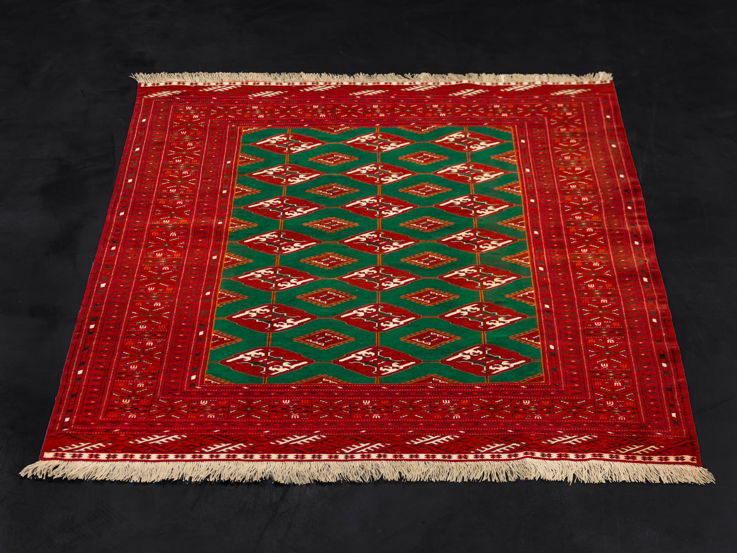 Handmade Traditional Fine Red And Green Bokhara Persian Wool Rug product image #29971684065450
