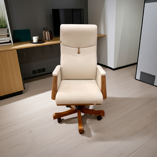 Beige Leather Office Chair with Wood Features