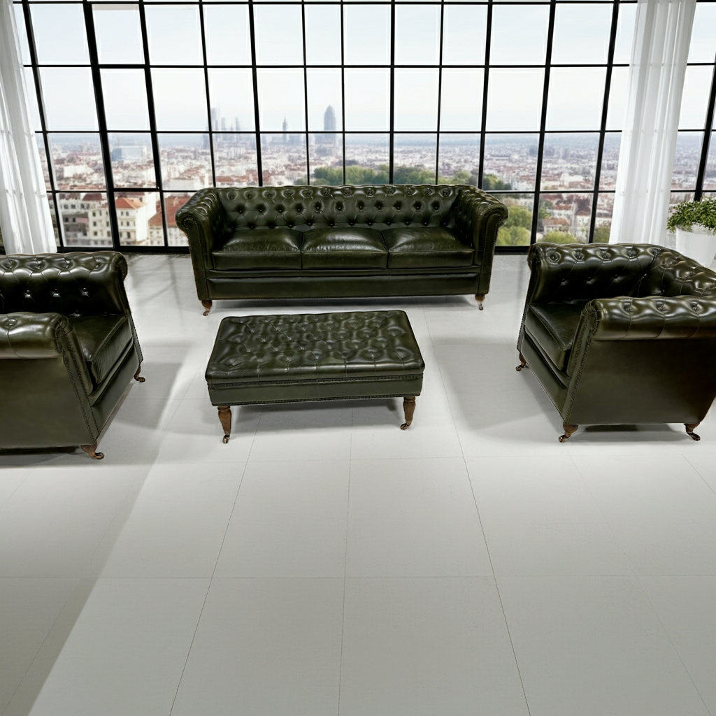 Green Leather 5-Pieces Living Room Sofa Set