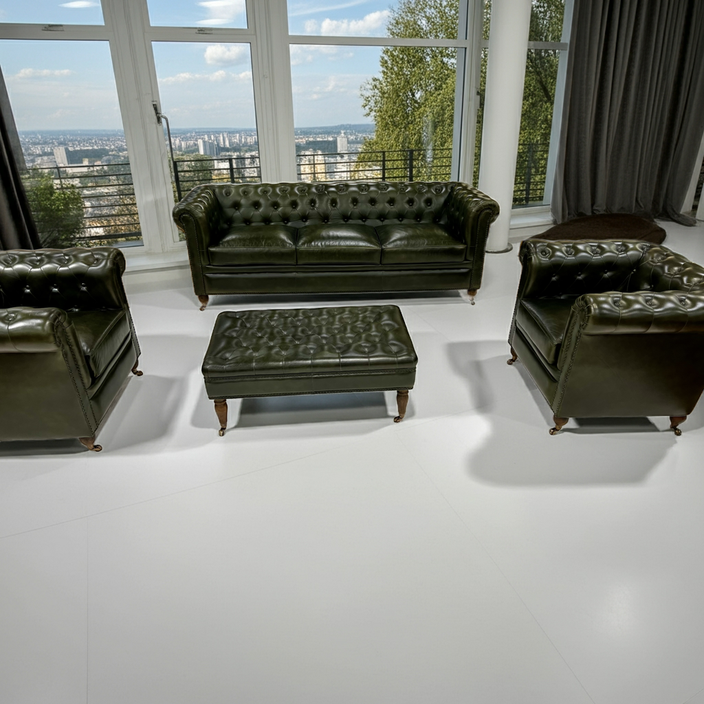 Green Leather 5-Pieces Living Room Sofa Set