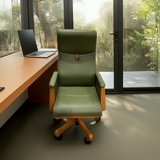 Green Leather Office Chair with Wood Features