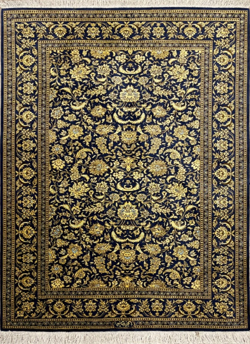 Gold Blue Hand-Woven Traditional Persian Silk Qom Rug