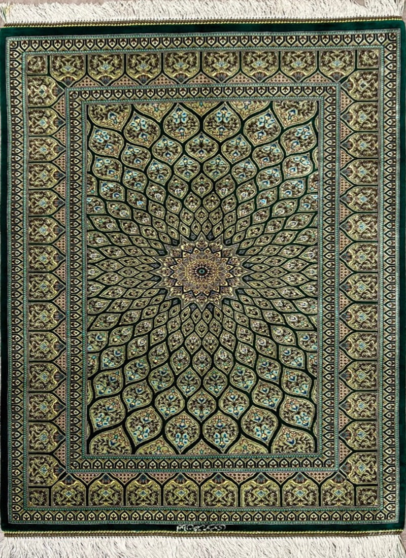 Persian Gonbad Qom Green Silk Rug product image #29393981735082