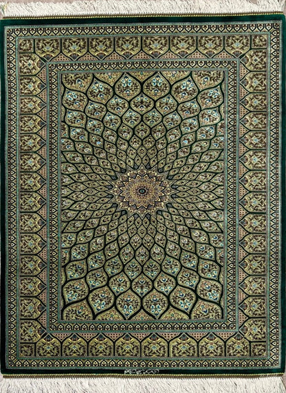 Persian Gonbad Qom Green Silk Rug-id1
