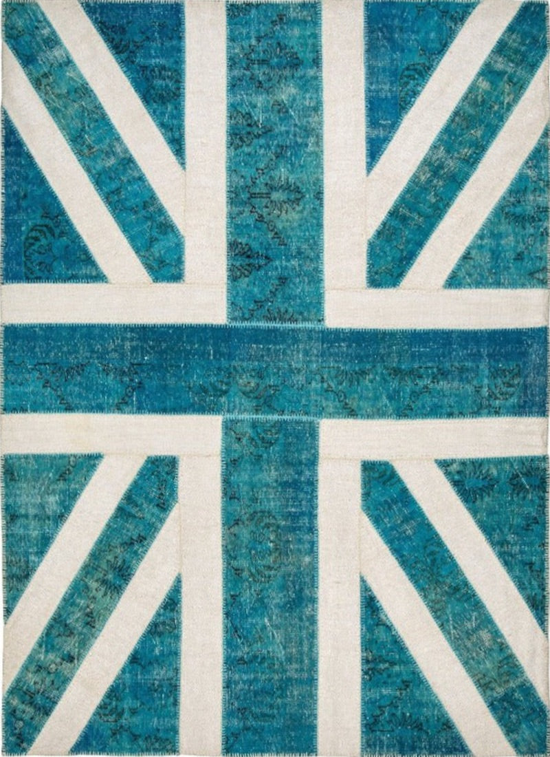 Vintage Turquoise Union Jack Turkish Area Rug