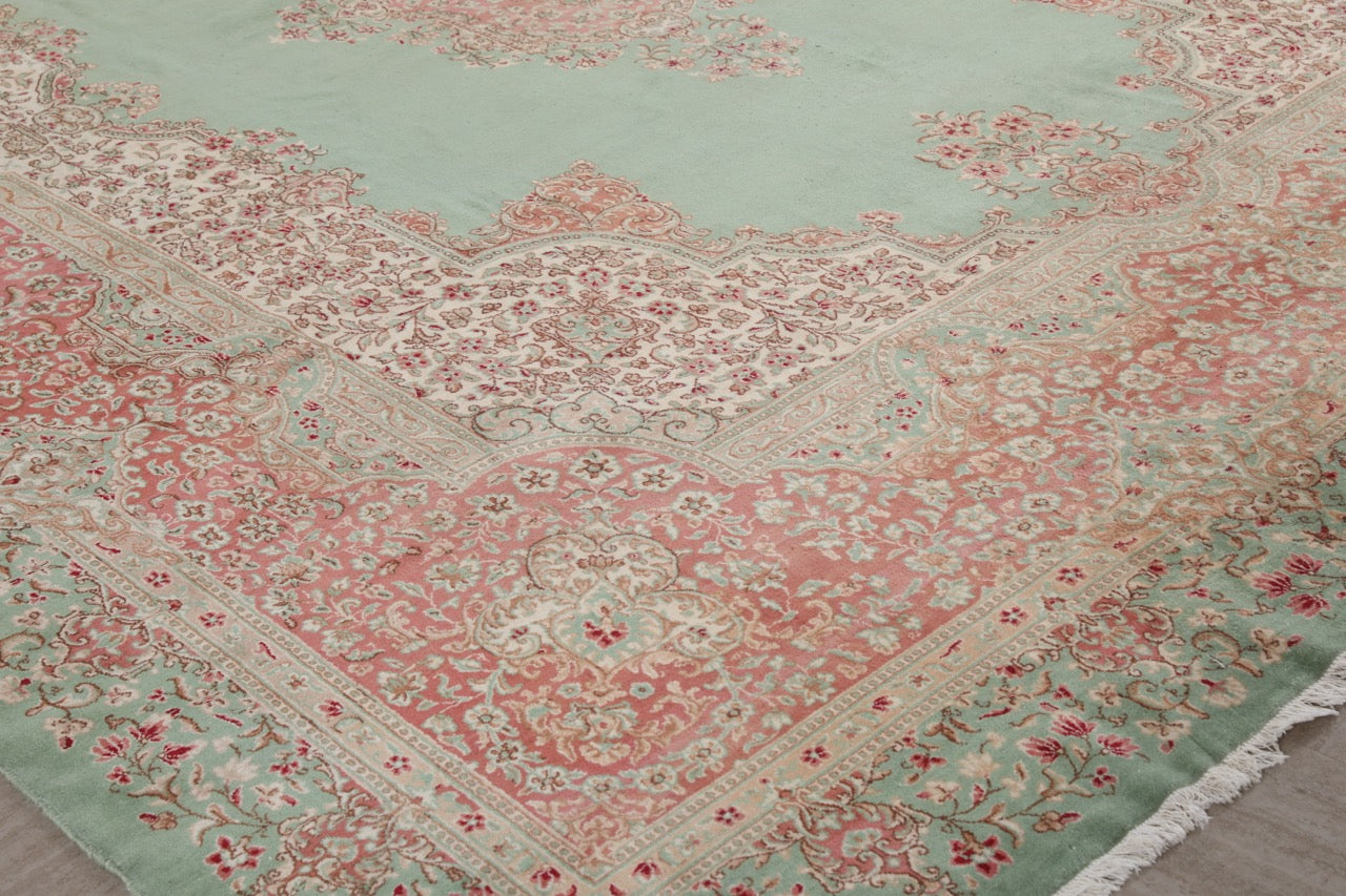 Green Pink Handmade Fine Persian Kerman Medallion Rug