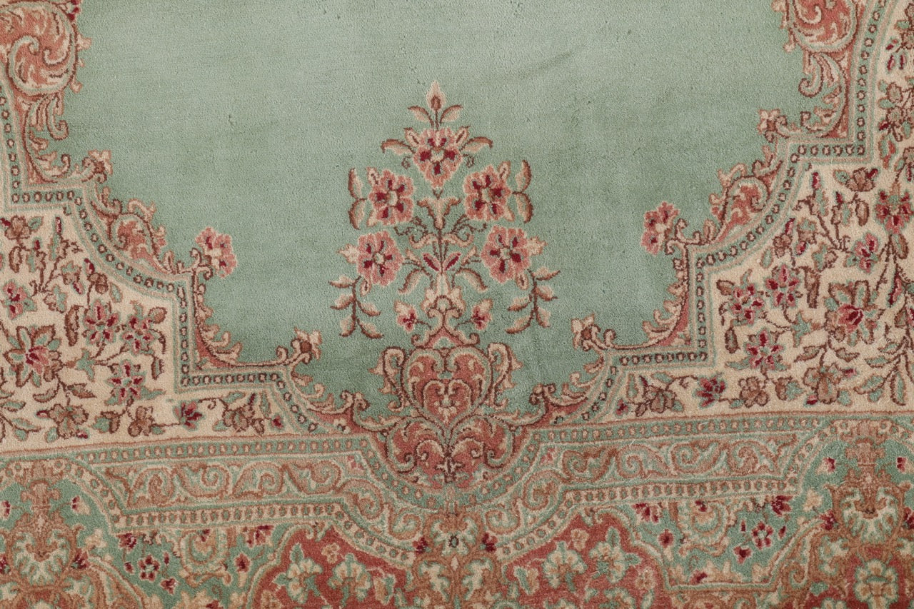 Green Pink Handmade Fine Persian Kerman Medallion Rug