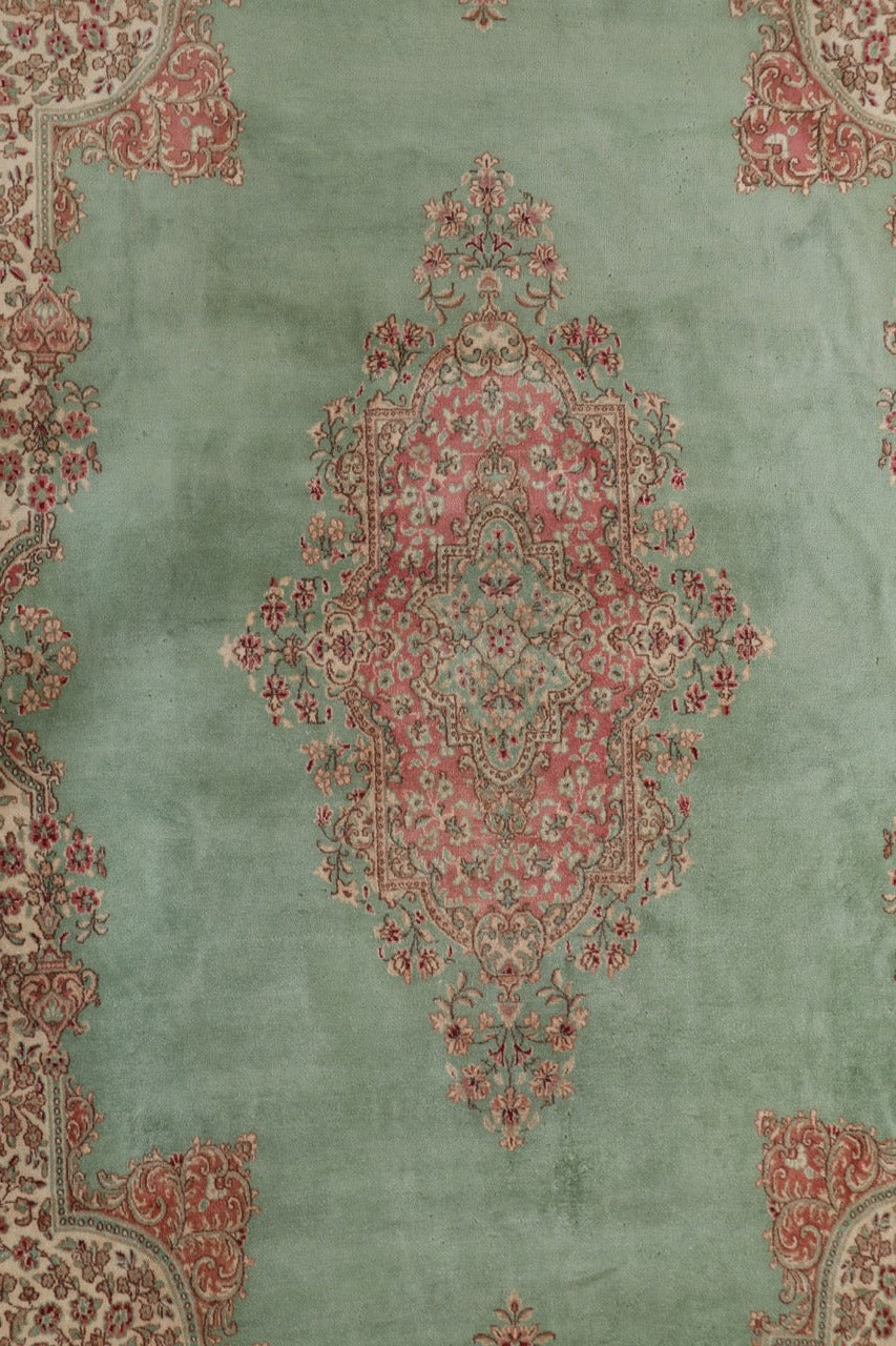 Green Pink Handmade Fine Persian Kerman Medallion Rug