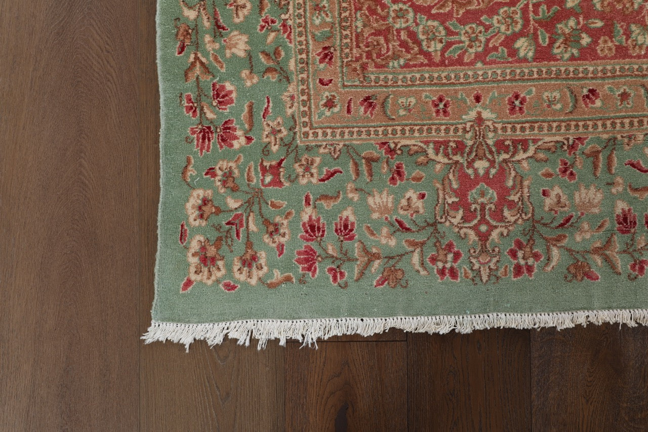 Green Pink Handmade Fine Persian Kerman Medallion Rug
