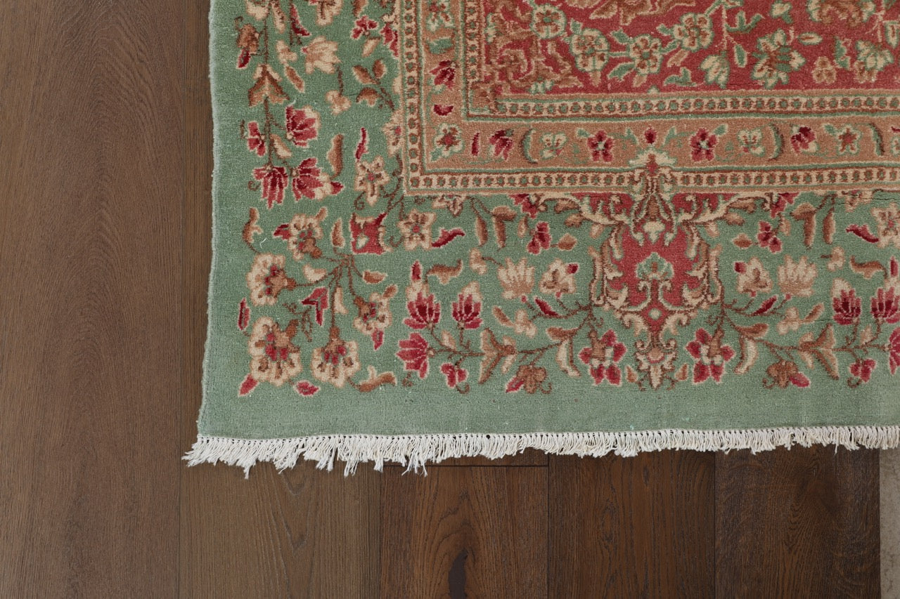 Green Pink Handmade Fine Persian Kerman Medallion Rug