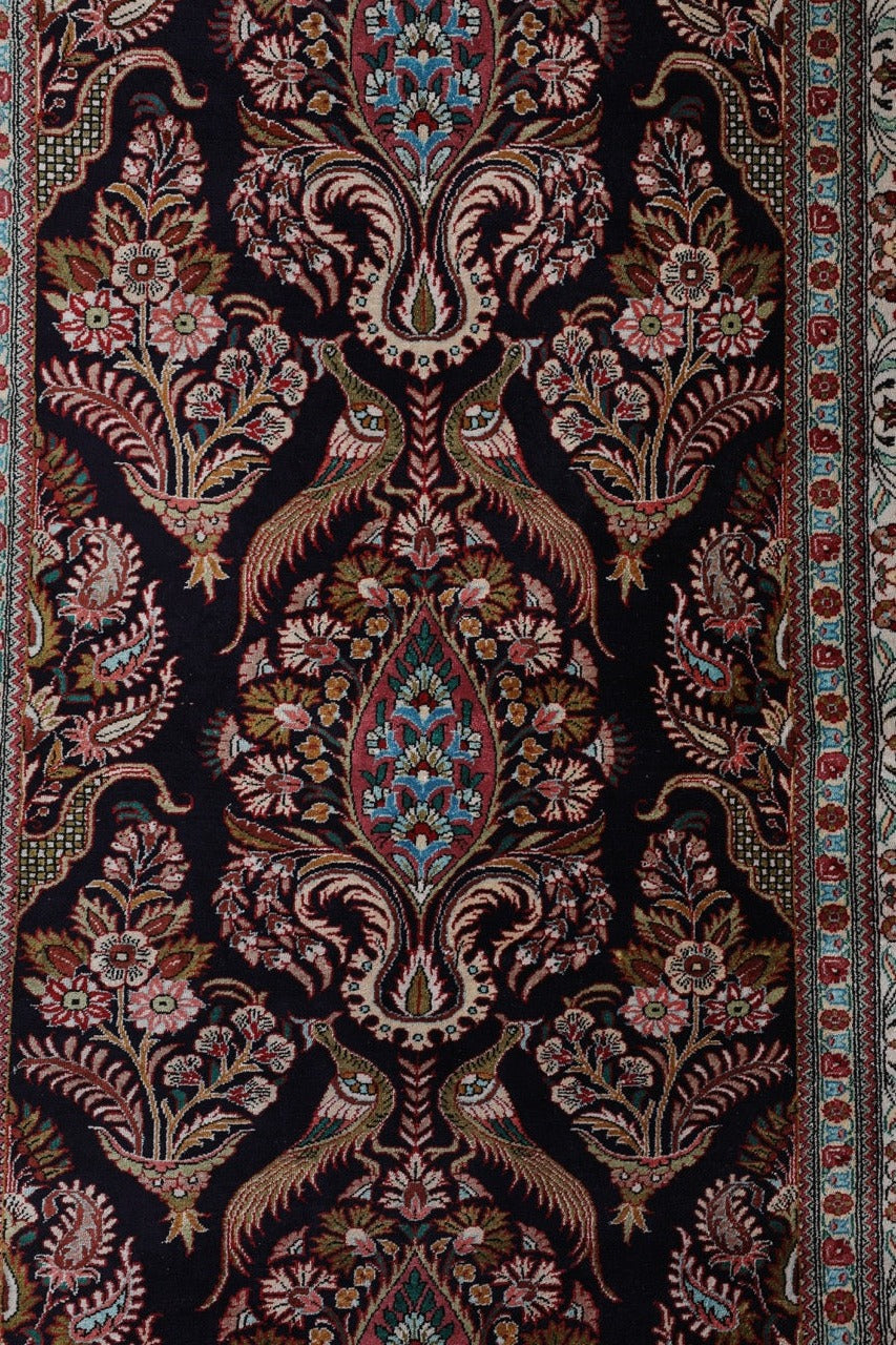 Persian Qom Pure Silk Runner Rug With A Floral Peacocks Design. product image #28195861201066