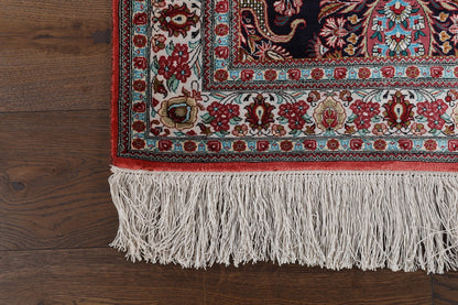 Persian Qom Pure Silk Runner Rug With A Floral Peacocks Design.-id5
