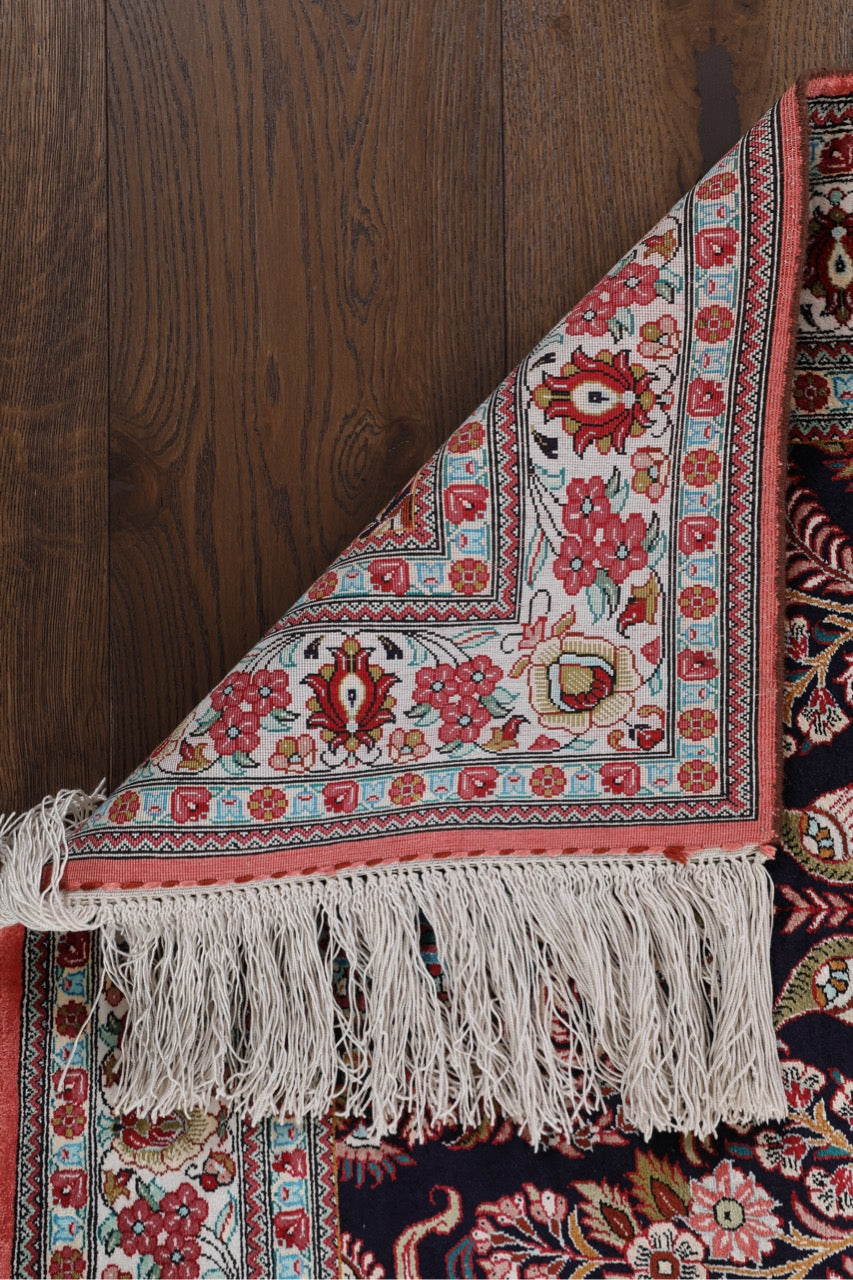 614 - Persian Qom Pure Silk Runner Rug With A Floral Peacocks Design.