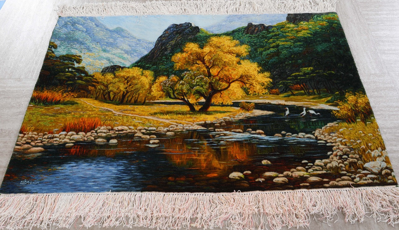 Handmade Wool and Silk Persian Tabriz Rug Natural Landscape Design
