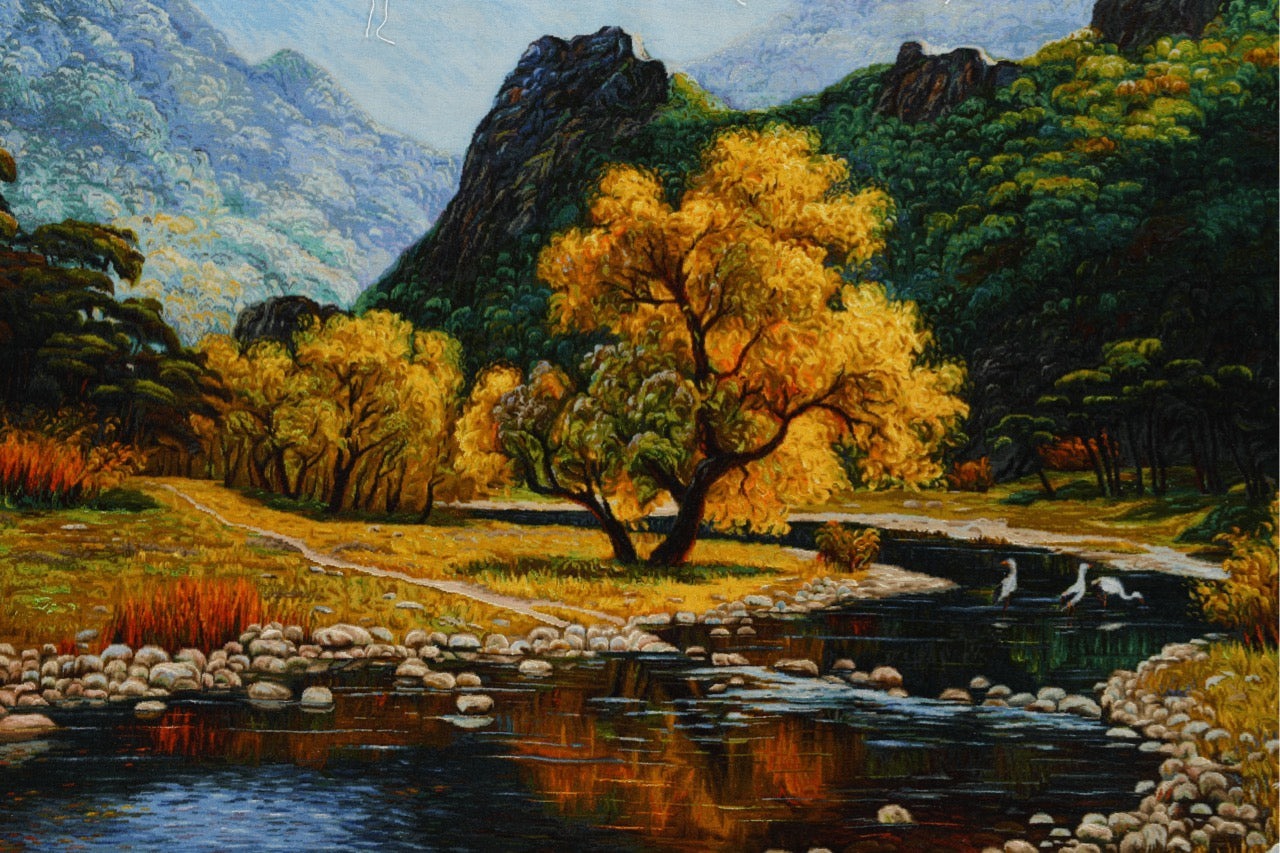 Handmade Wool and Silk Persian Tabriz Rug Natural Landscape Design