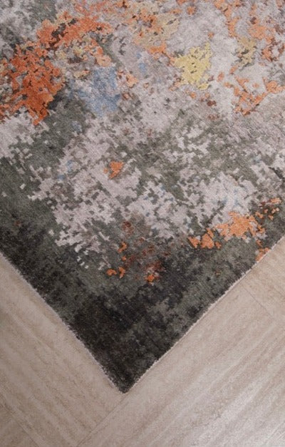 Hand Knotted Modern Abstract Indian Fine Wool And Silk Carpet
