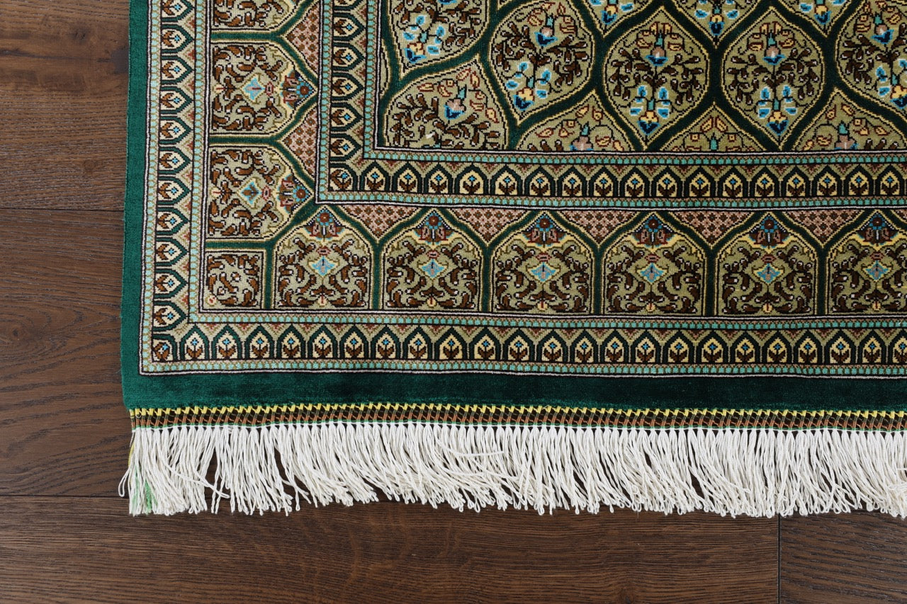Persian Gonbad Qom Green Silk Rug