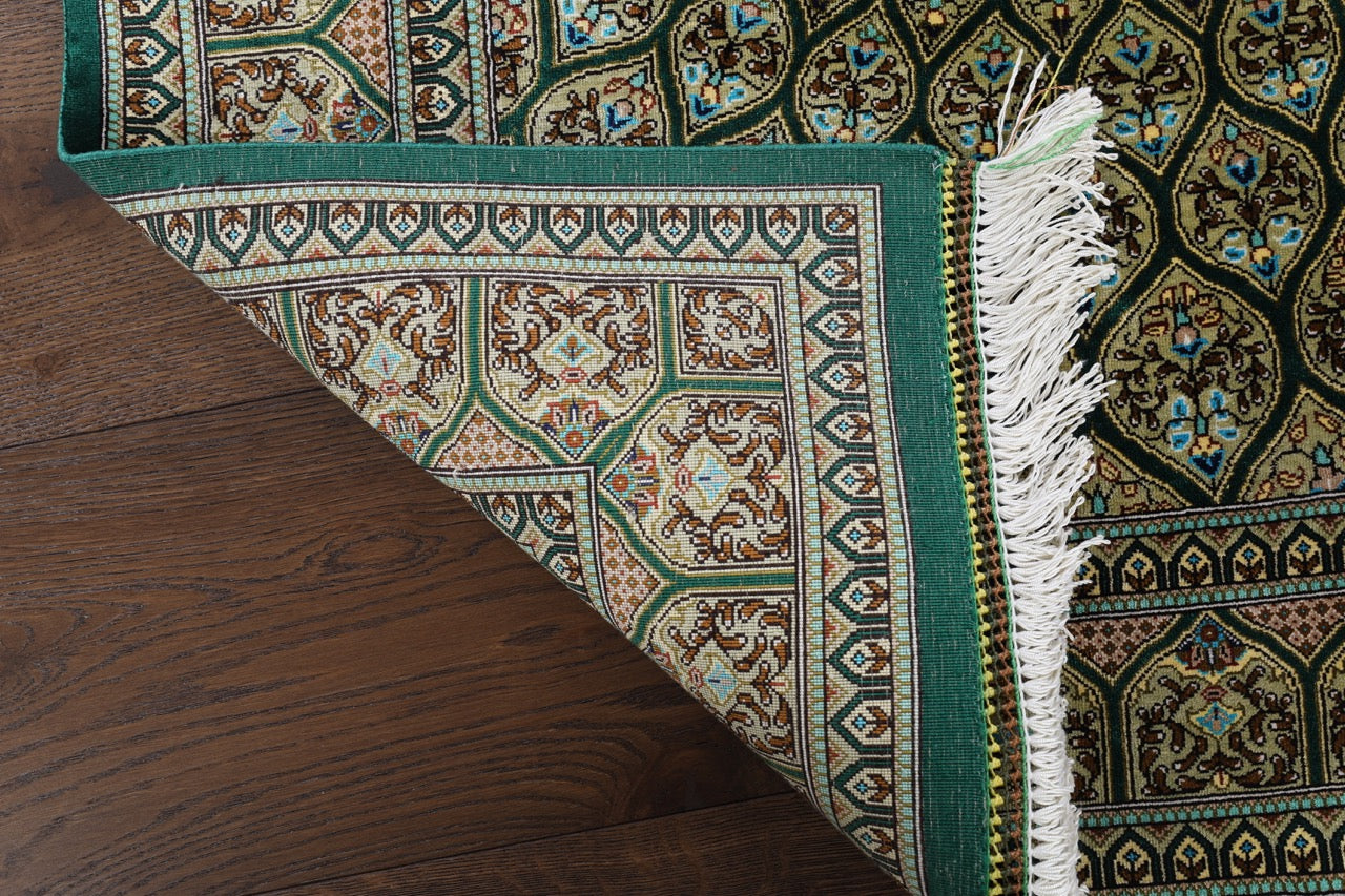 Persian Gonbad Qom Green Silk Rug