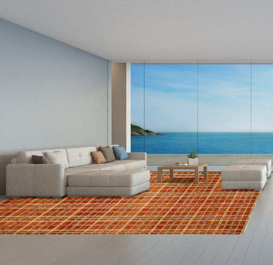 Hand-Knotted Nepal Contemporary Wool & Silk Orange Area Rug With Geometric Design