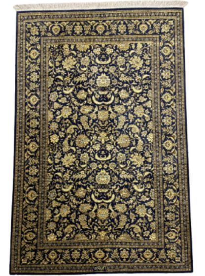 Gold Blue Hand-Woven Traditional Persian Silk Qom Rug-id2
