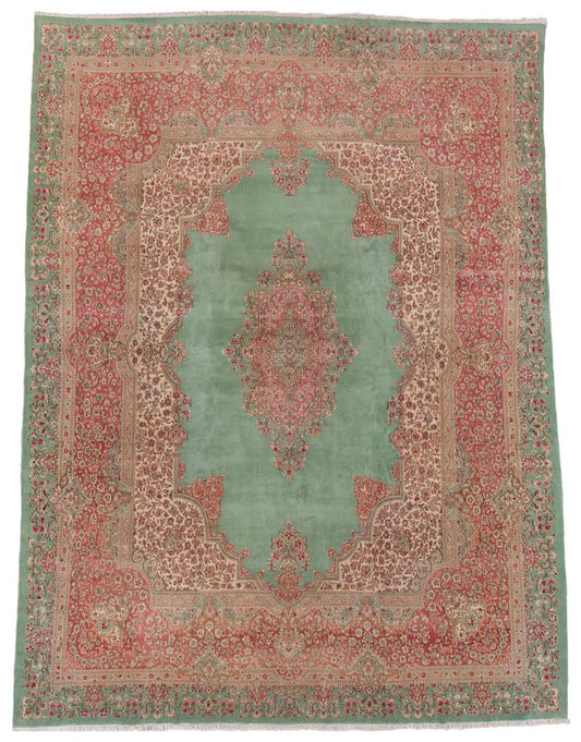 Green Pink Handmade Fine Persian Kerman Medallion Rug