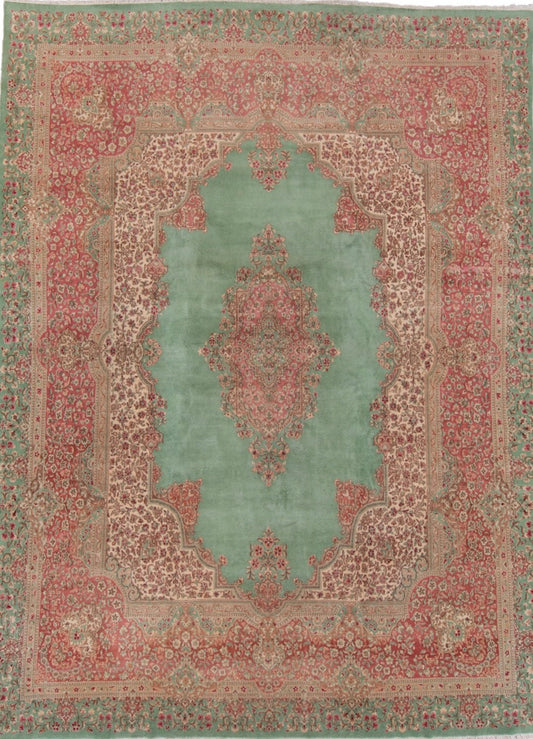 Green Pink Handmade Fine Persian Kerman Medallion Rug