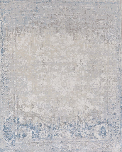 Contemporary Indian  Hand-Knotted  Ivory Blue Silk Area Rug-id2
