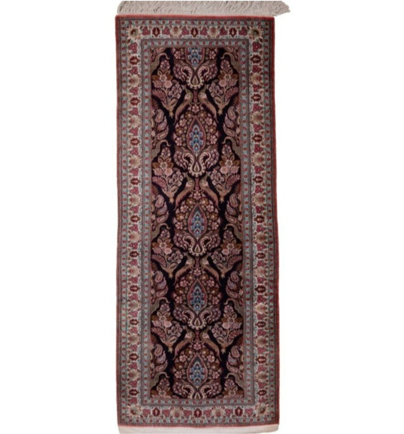 Persian Qom Pure Silk Runner Rug With A Floral Peacocks Design. product image #28339647840426