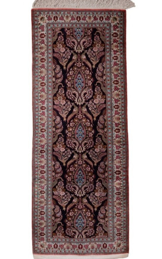 Persian Qom Pure Silk Runner Rug With A Floral Peacocks Design.
