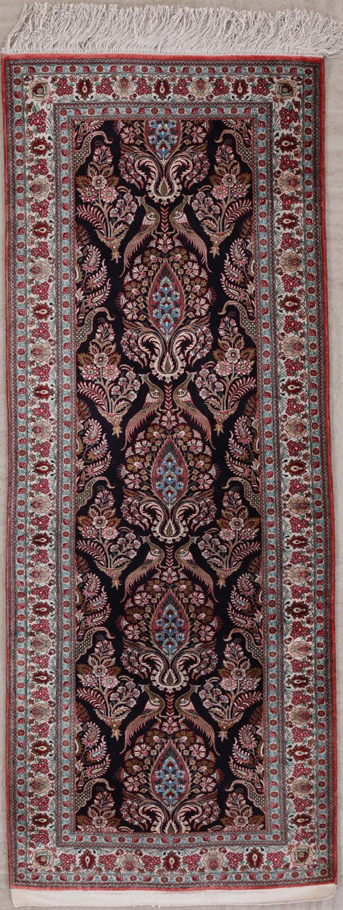 Persian Qom Pure Silk Runner Rug With A Floral Peacocks Design. product image #28195861135530