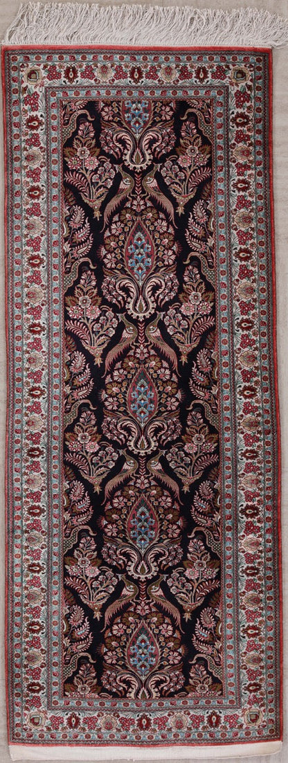 Persian Qom Pure Silk Runner Rug With A Floral Peacocks Design.-id3
