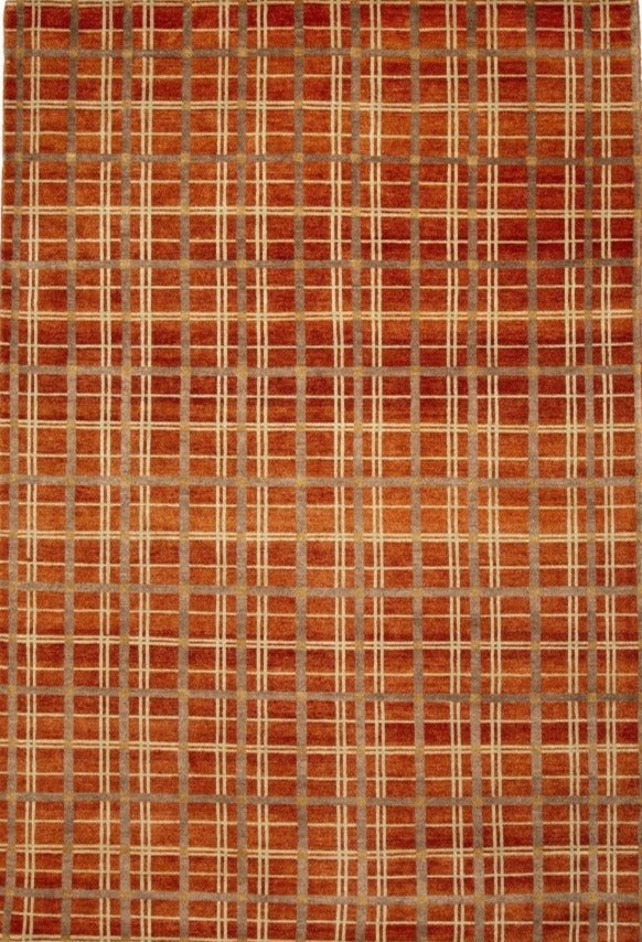 Hand-Knotted Nepal Contemporary Wool & Silk Orange Area Rug With Geometric Design