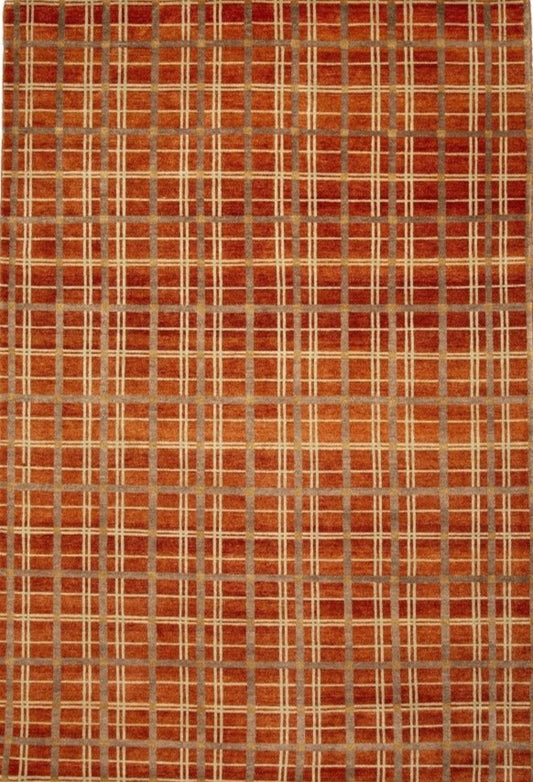 Hand-Knotted Nepal Contemporary Wool & Silk Orange Area Rug With Geometric Design featured #7584771735722 