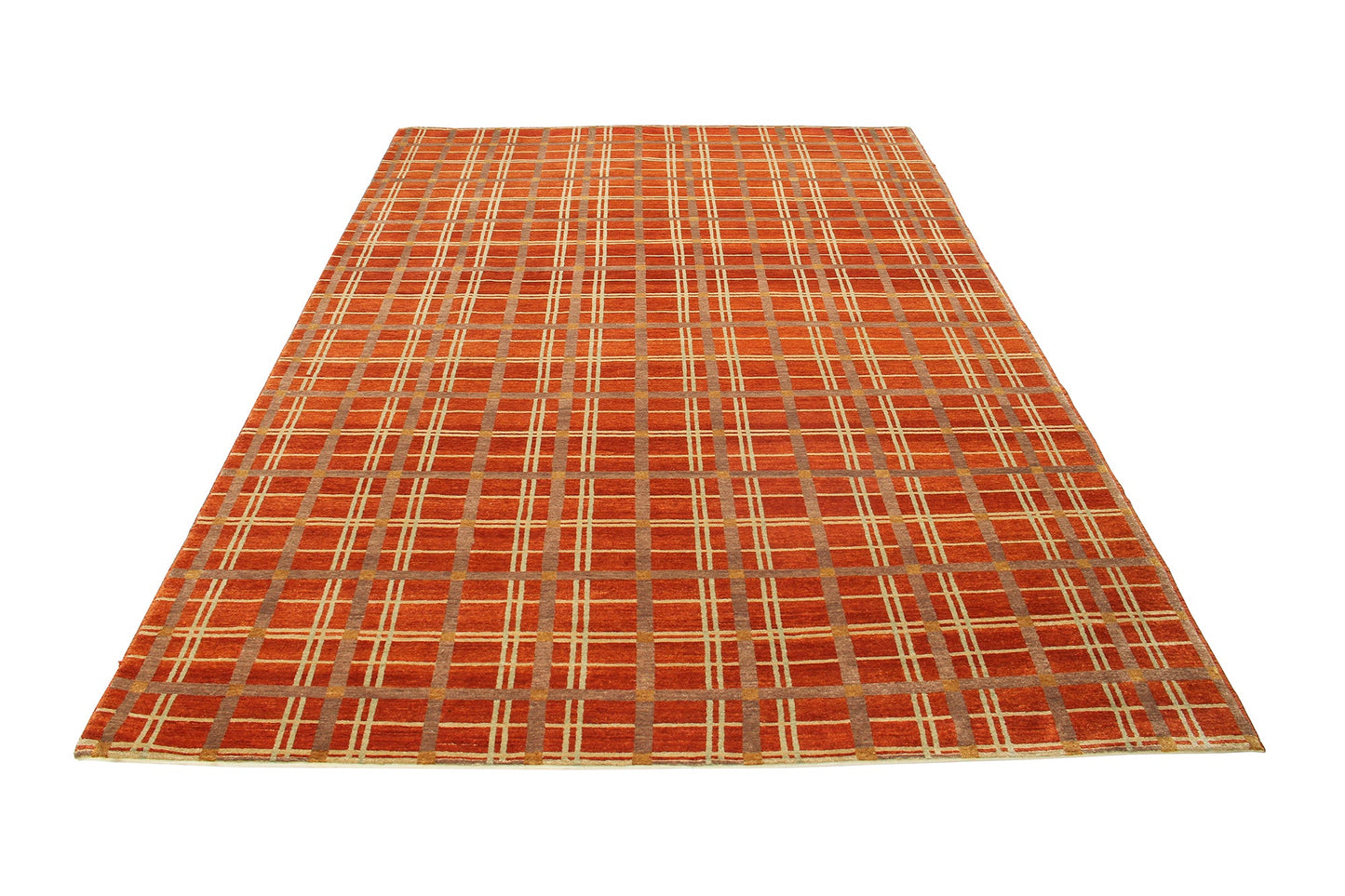 Hand-Knotted Nepal Contemporary Wool & Silk Orange Area Rug With Geometric Design