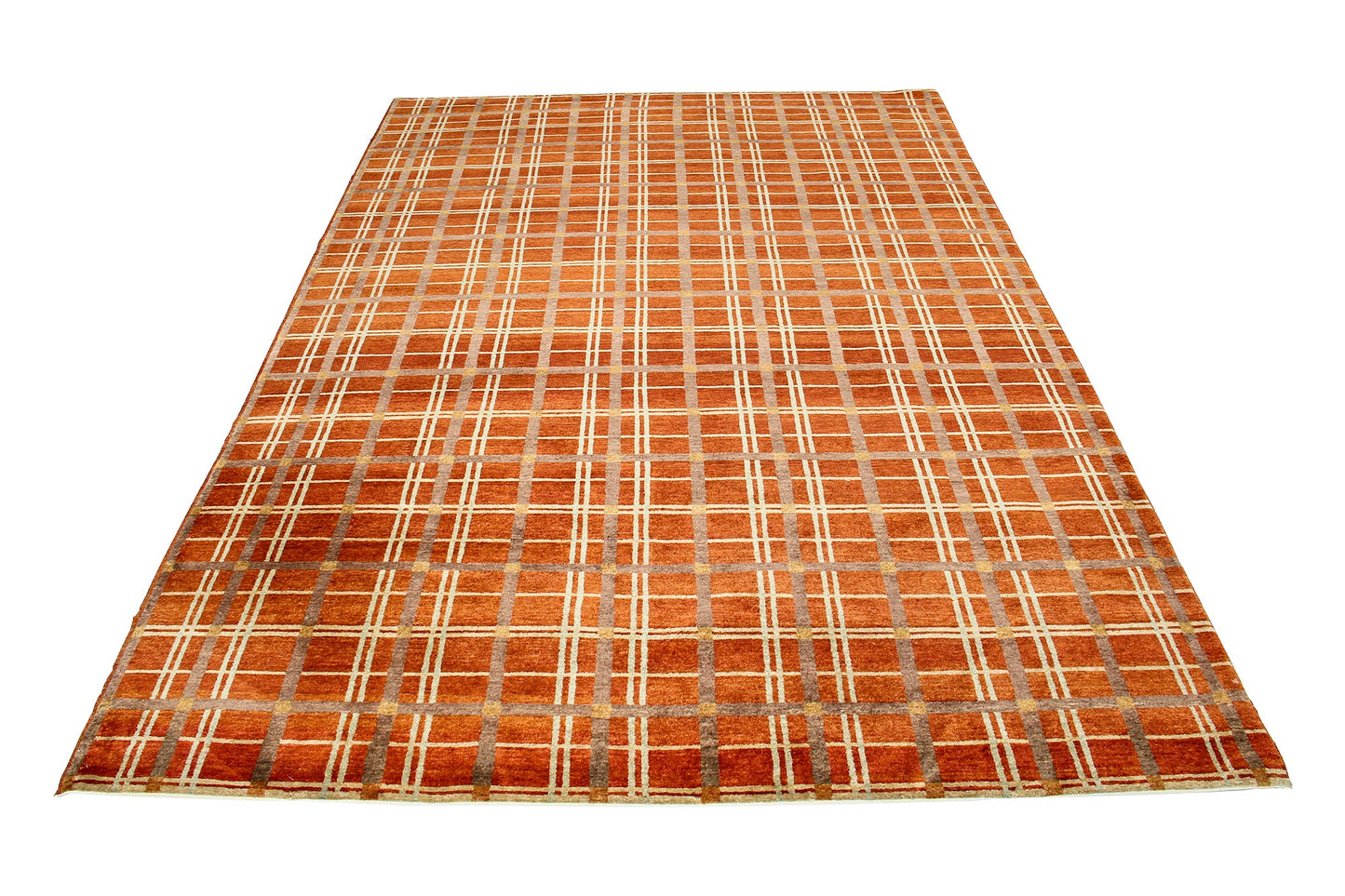 Hand-Knotted Nepal Contemporary Wool & Silk Orange Area Rug With Geometric Design