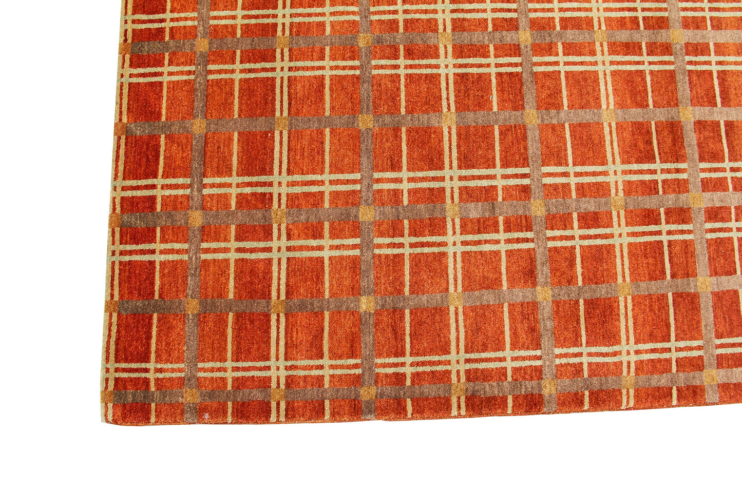 Hand-Knotted Nepal Contemporary Wool & Silk Orange Area Rug With Geometric Design