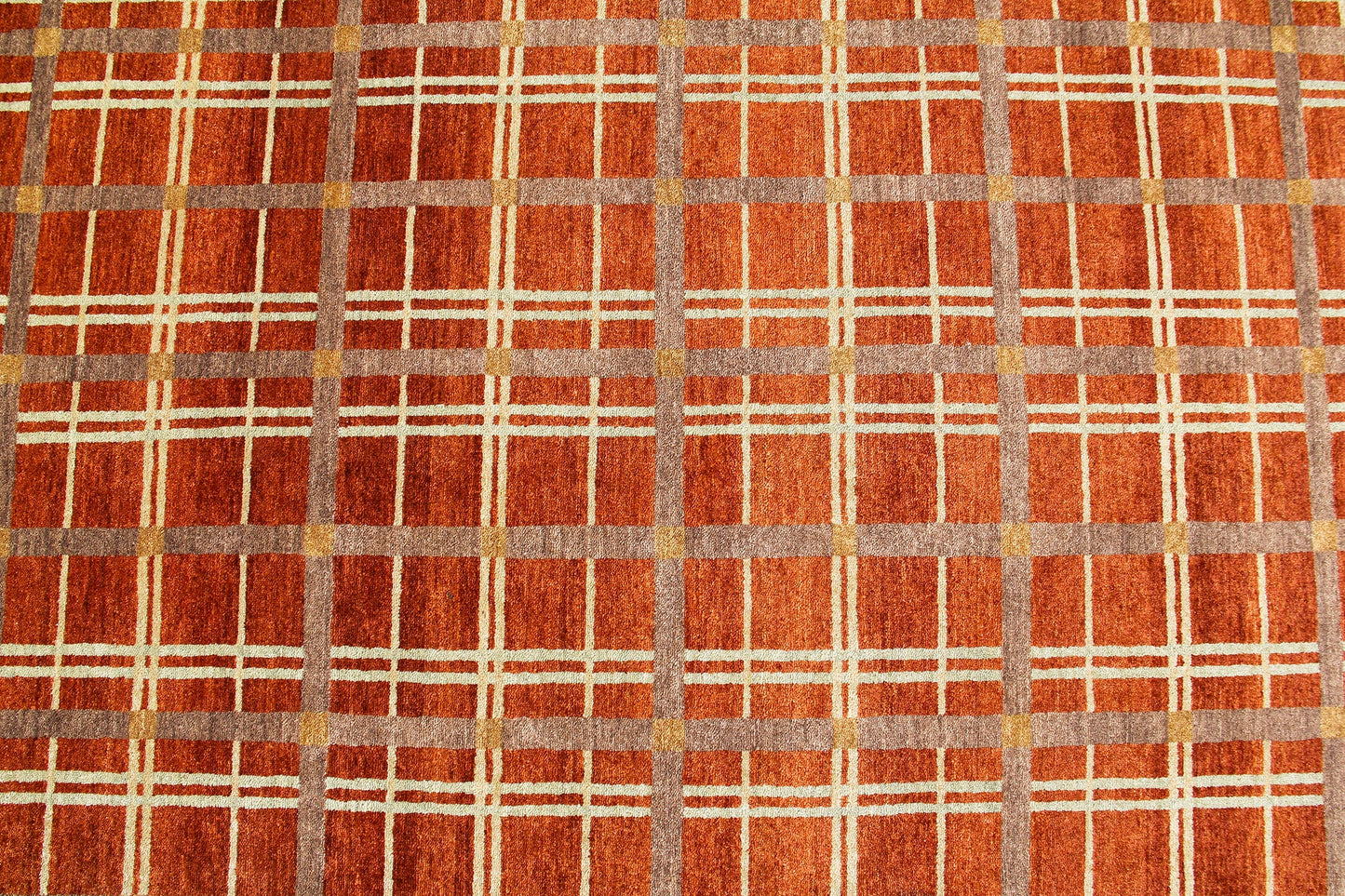 Hand-Knotted Nepal Contemporary Wool & Silk Orange Area Rug With Geometric Design
