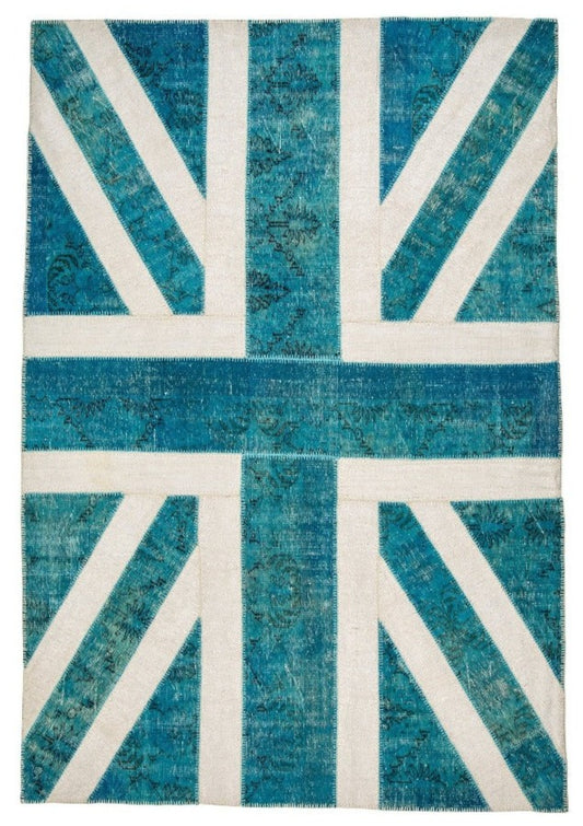 Vintage Turquoise Union Jack Turkish Area Rug