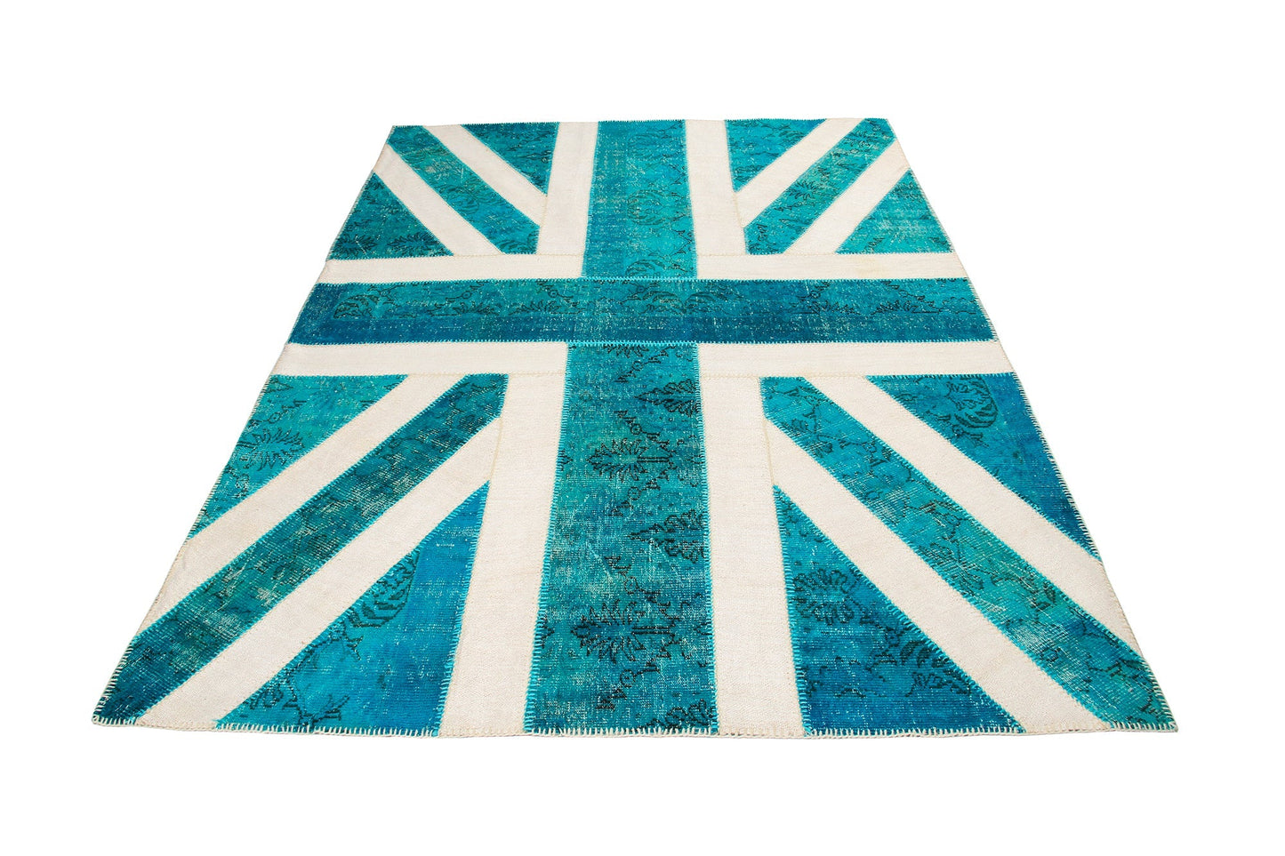 Vintage Turquoise Union Jack Turkish Area Rug