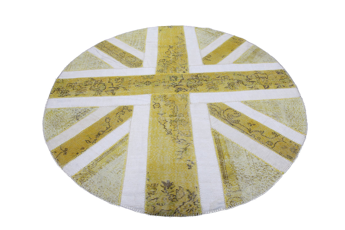 Vintage Yellow Patchwork Turkish Wool Oval Union Jack Rug Carpet