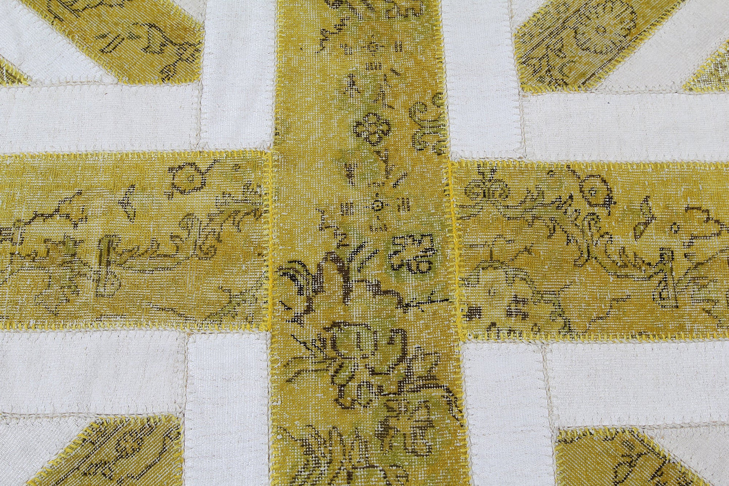Vintage Yellow Patchwork Turkish Wool Oval Union Jack Rug Carpet