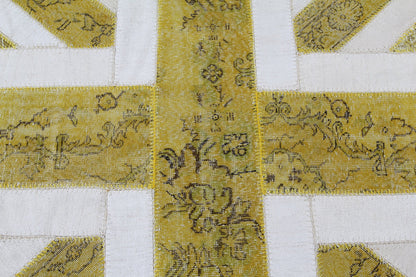 Vintage Yellow Patchwork  Turkish Wool Oval Union Jack Rug Carpet-id7
