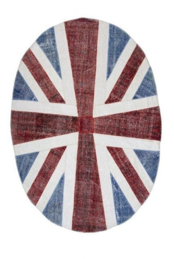 Vintage Blue Union Jack Patchwork Turkish Wool Oval Rug product image #27556225024170