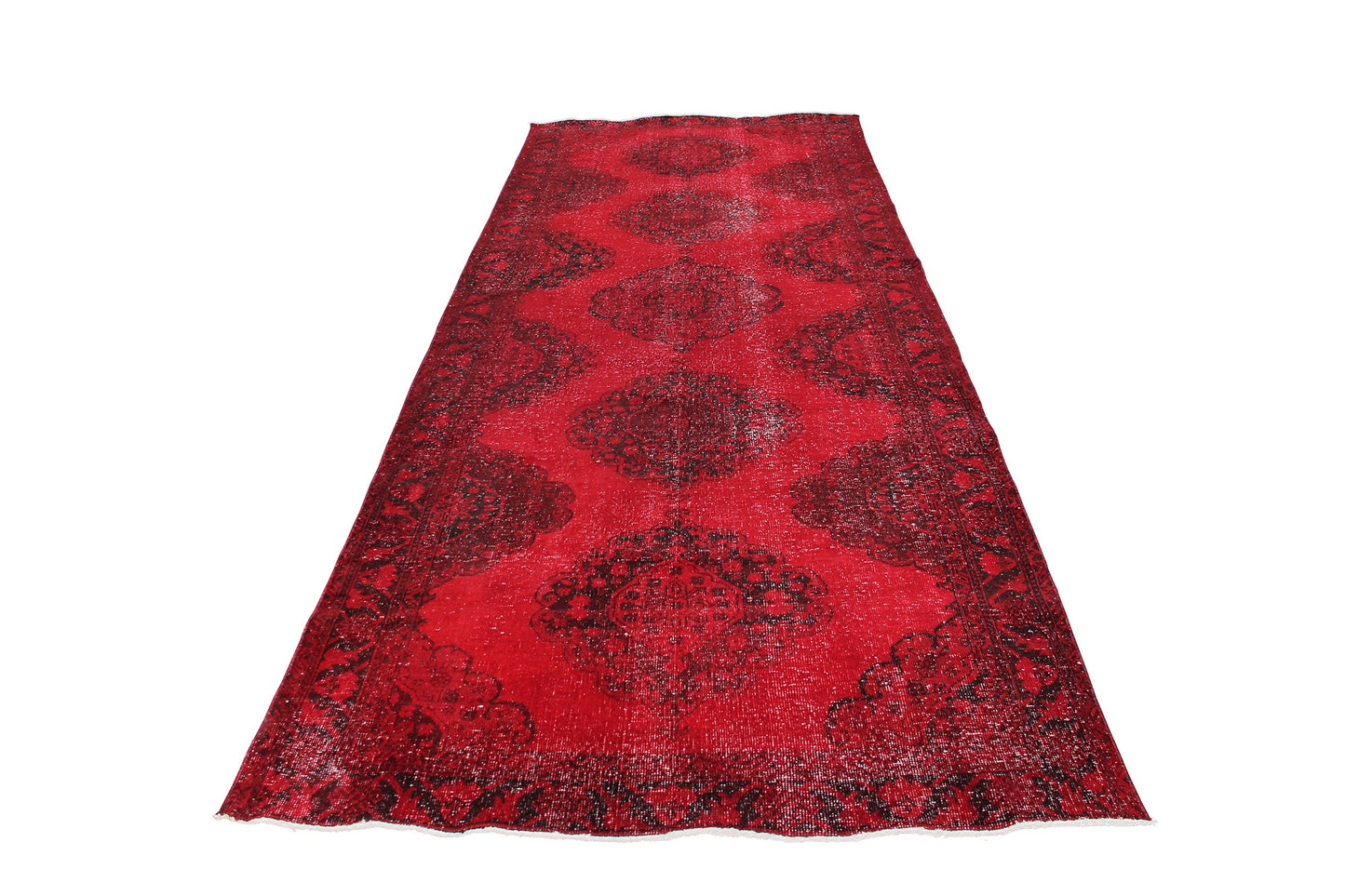 Red Black Turkish Vintage Wool Hand-Knotted Runner Rug